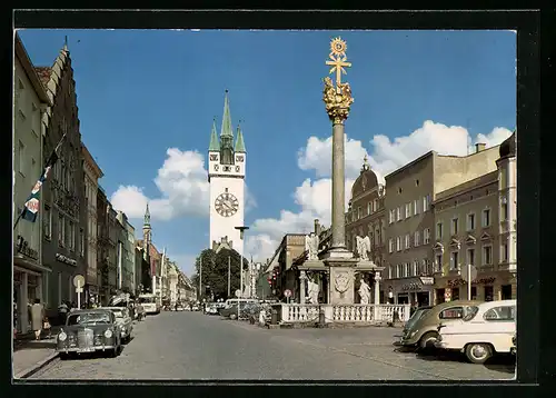 AK Straubing /Donau, Theresienplatz mit Stadtturm und Dreifaltigkeits-Säule