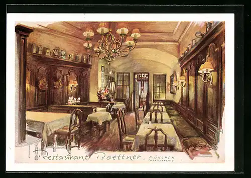 Künstler-AK München, Restaurant A. Boettner, Theatinerstrasse 8