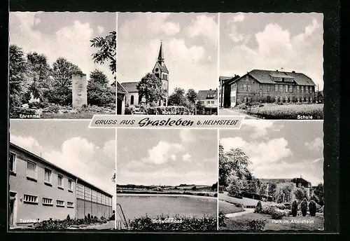 AK Grasleben b. Helmstedt, Schwimmbad, Turnhalle, Ehrenmal