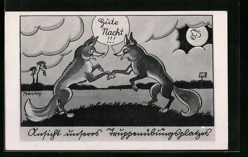 Künstler-AK Grafenwöhr, Ansicht unseres Truppenübungsplatzes, Füchse sagen sich Gute Nacht