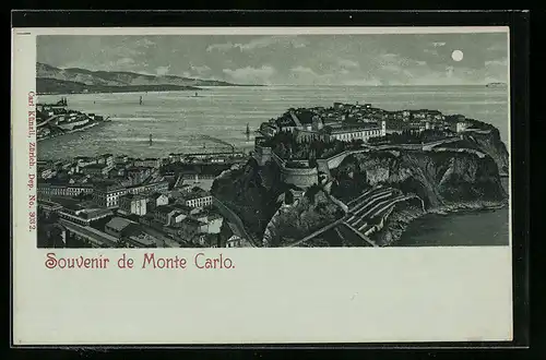 Mondschein-Lithographie Monte Carlo, Panorama mit Festung