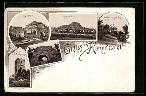 Lithographie Hohentwiel, Gasthaus auf halber Höhe, Hohenkrähen, Turm mit Wiederholddenkmal