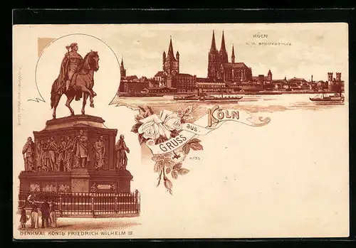 Lithographie Köln, Dom mit Schiffsbrücke, Denkmal König Friedrich Wilhelm III.