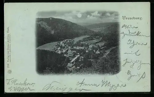 Mondschein-AK Treseburg, Totalansicht aus der Vogelschau