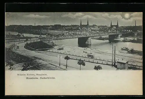 Mondschein-AK Mannheim, Die Neckarbrücke im Mondlicht