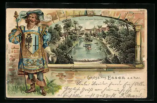 Lithographie Essen a. d. Ruhr, Partie aus dem Stadtgarten, Edelmann mit Hut