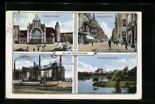 AK Gelsenkirchen, Hauptbahnhof, Stadtgartenpartie, Hochöfen