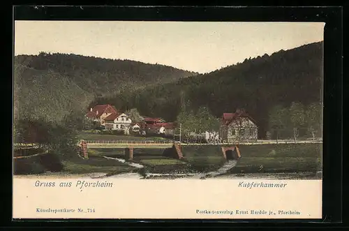 AK Pforzheim, Panorama mit der Eisfabrik Kupferhammer