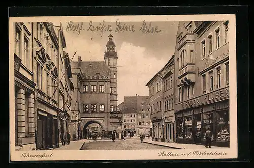 AK Schweinfurt, Rückertstrasse mit Geschäften und Rathaus