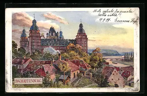 Künstler-AK Aschaffenburg, Ortspartie mit Schloss