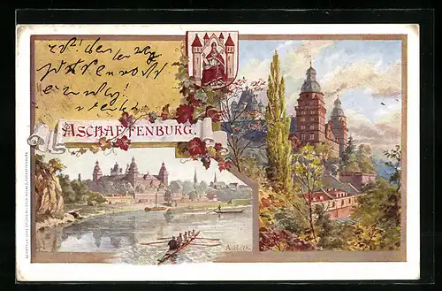 Künstler-AK Aschaffenburg, Uferpartie mit Schloss