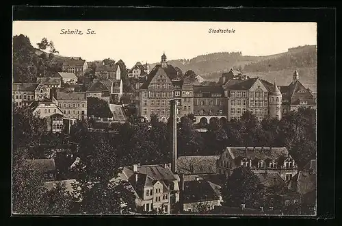AK Sebnitz /Sa., Ortspartie mit Stadtschule
