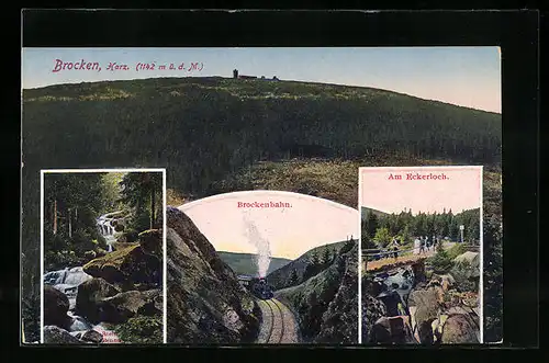 AK Brocken, Blick auf den Berg mit Brockenbahn und Partie am Eckerloch