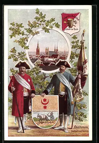 Lithographie Halle / Saale, Soldaten mit Wappen und Blick auf die Stadt, Stadttyp