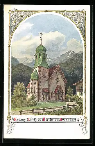 AK Oberstdorf i. A., Evang. Christus-Kirche mit Strasse und Bergkulisse