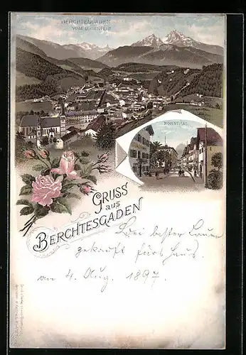 Lithographie Berchtesgaden, Strassenpartie Nonnthal, Gesamtansicht vom Lockstein