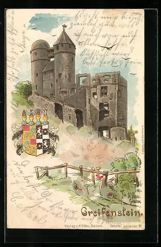 Lithographie Greifenstein, Burg und Wappen