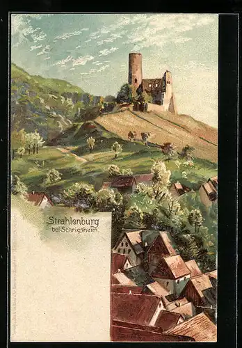 Lithographie Strahlenburg bei Schriesheim, Teilansicht mit Burgruine