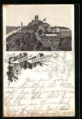 Lithographie Drachenfels, Gasthaus auf dem Drachenfels
