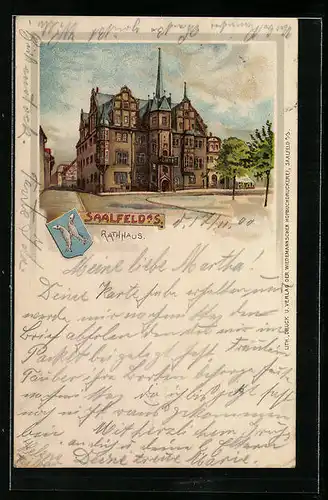 Lithographie Saalfeld, Rathhaus mit Strasse, Wappen
