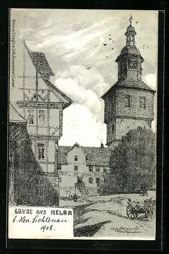 Künstler-AK Helsa, Ortspartie mit Gasthaus und Kirche