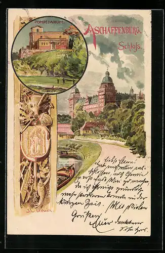 Lithographie Aschaffenburg, Schloss, Pompejanum