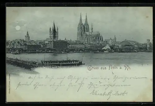 Mondschein-AK Köln a. Rh., Uferpartie mit Kirche