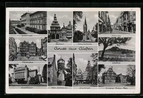AK Giessen, Strasse Seltersweg mit Geschäften, Rathaus, Universität