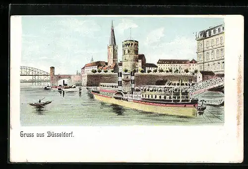 AK Düsseldorf, Uferpartie mit Dampfer