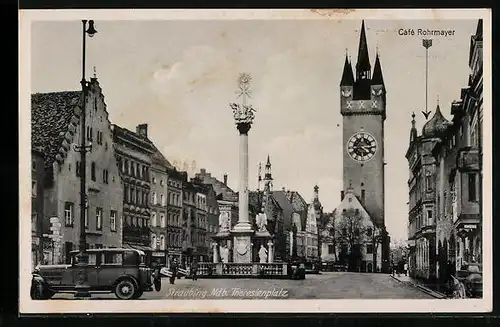 AK Straubing /Ndb., Theresienplatz mit Cafe Rohrmayer und Denkmal