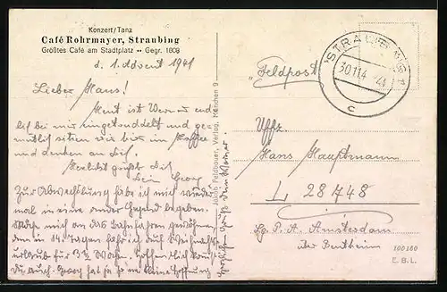 AK Straubing /Ndb., Theresienplatz mit Cafe Rohrmayer und Denkmal