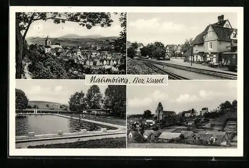 AK Naumburg /Bez. Kassel, Ortspartie mit Kirche, Schwimmbad, Bahnhof