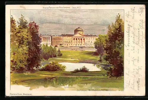 Lithographie Kassel-Wilhelmshöhe, Teichpartie mit Blick auf das Schloss