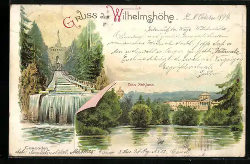 Lithographie Kassel, Schloss und Wasserspiele mit Herkules im Bergpark Wilhelmshöhe