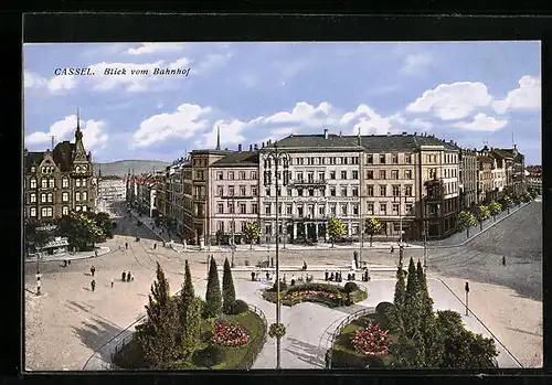 AK Kassel, Blick vom Bahnhof auf das Hotel Nordischer Hof und Cigarrengeschäft
