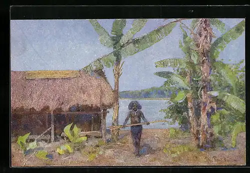 Künstler-AK Neuguinea, Ortspartie mit Papua