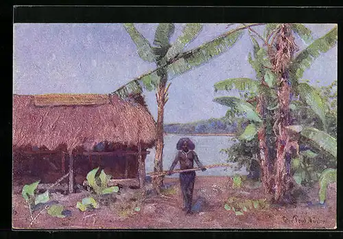 Künstler-AK sign. Peter Paul Müller: Neuguinea, Papua mit Speer vor einer Hütte