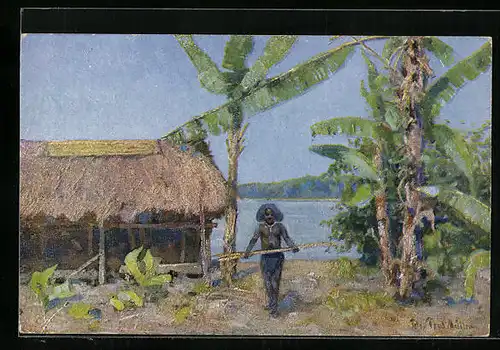 Künstler-AK sign. Peter Paul Müller: Neuguinea, Papua mit Speer vor einer Hütte