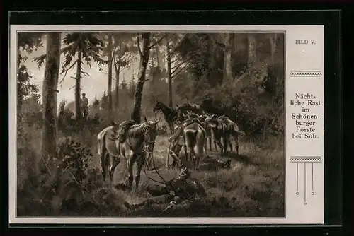 Künstler-AK Kavallerie-Patrouille bei nächtlicher Rast im Schönburger Forste bei Sulz