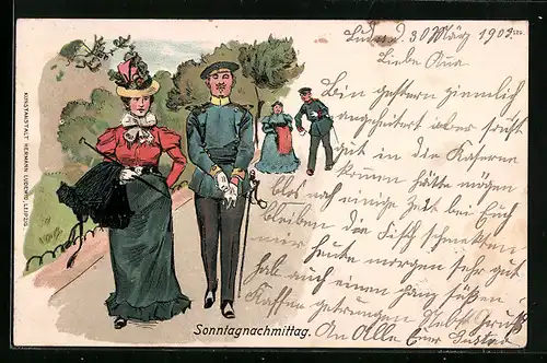 Künstler-AK Soldat und die Liebste beim Sonntagsspaziergang