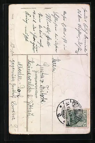 Präge-AK Boot mit Geldschein als Segel, Neujahrsgruss