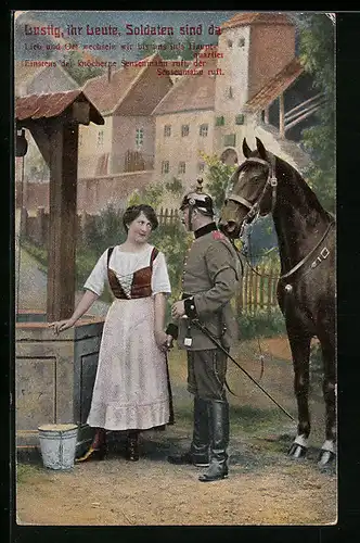 AK Soldat mit Pferd und Frau am Brunnen, Soldatenliebe