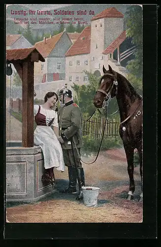 AK Soldat mit Pferd und Frau am Brunnen, Soldatenliebe