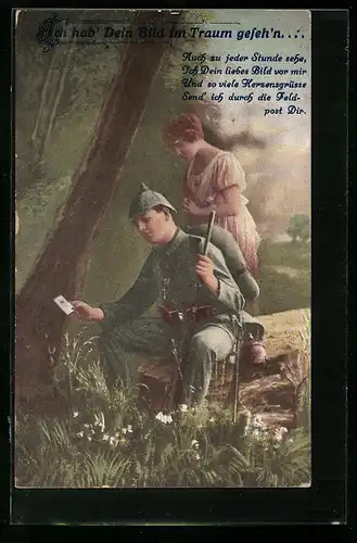 AK Soldat mit einem Foto und Frau, Soldatenliebe