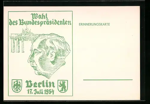 AK Berlin, Wahl des Bundespräsidenten 1954, Brandenburger Tor, gedruckt in roter Farbe