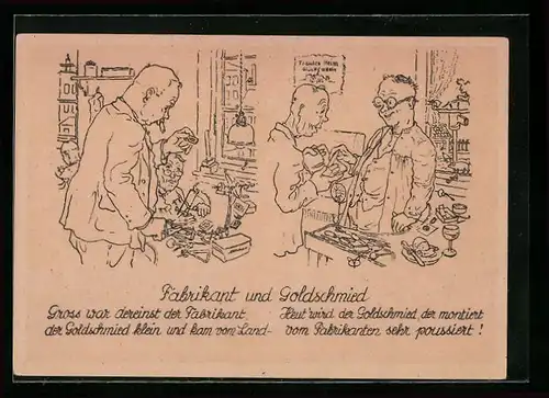 Künstler-AK Fabrikant und Goldschmied in vertauschten Rollen