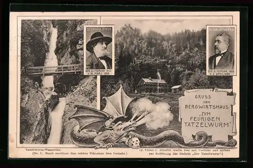 AK Oberaudorf, Bergwirtshaus zum Feurigen Tatzelwurm, Tatzelwurm-Wasserfall