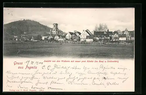 AK Pegnitz, Ansicht von den Weihern mit neuer prot. Kirche u. Schlossberg