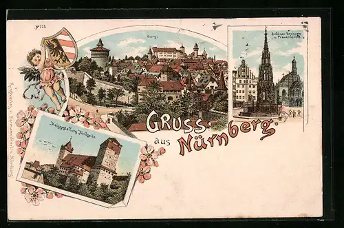 Lithographie Nürnberg, Burg, Frauenkirche, Kaiserstallung, Wappen