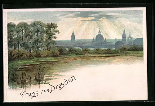 Lithographie Dresden, Die Silhouette der Stadt im Schein der Sonne